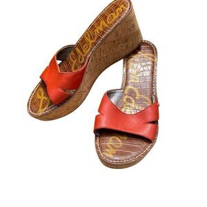 Sam Edelman Women's Reid Leather Cork Platform Sandal, Red, 7.5 M US